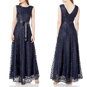 Tahari ASL Navy Floral Lace Maxi Dress with Satin Belt